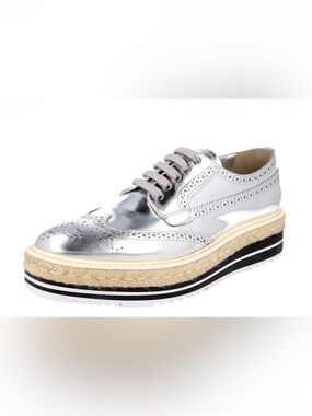 Prada Silver Metallic Espadrille Brogue Platform Derby Lace-Up Loafer 1E722E